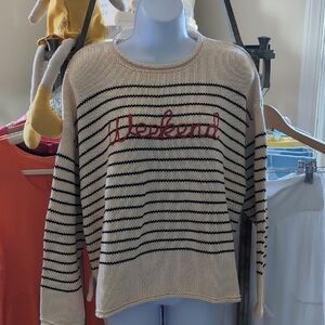 Beige Striped Sweater with 'Weekend' Design